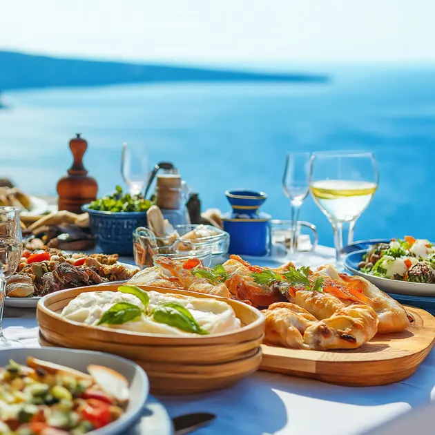 Τραπέζι με ελληνικά πιάτα και λευκό κρασί δίπλα στη θάλασσα